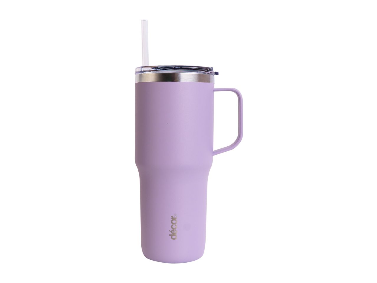 A lavender stainless steel tumbler with a handle and straw.
