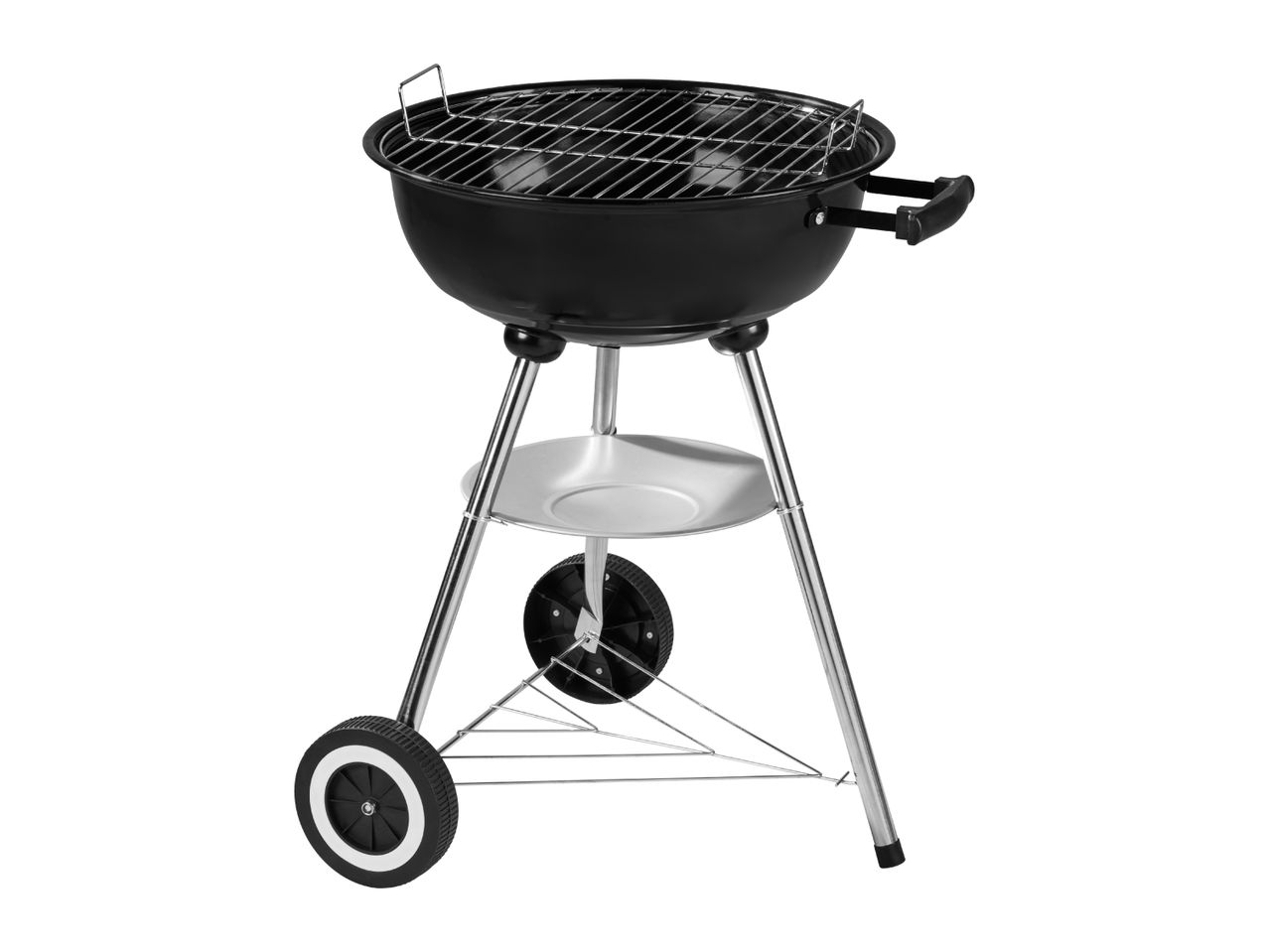 Black kettle barbecue grill with wheels and a silver shelf