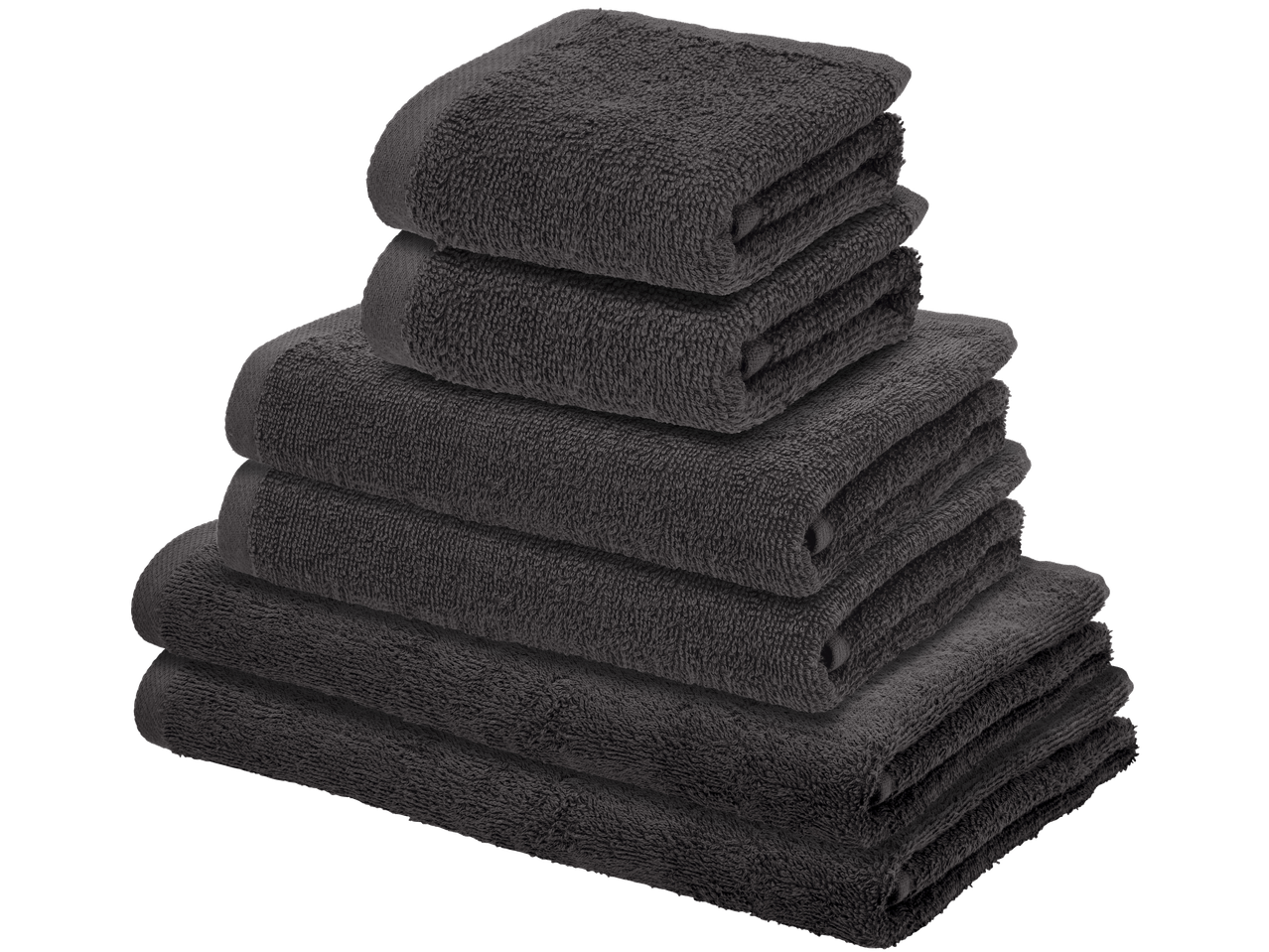 Livarno Frottéset: Tamsiai pilkų sulankstytų rankšluosčių krūva