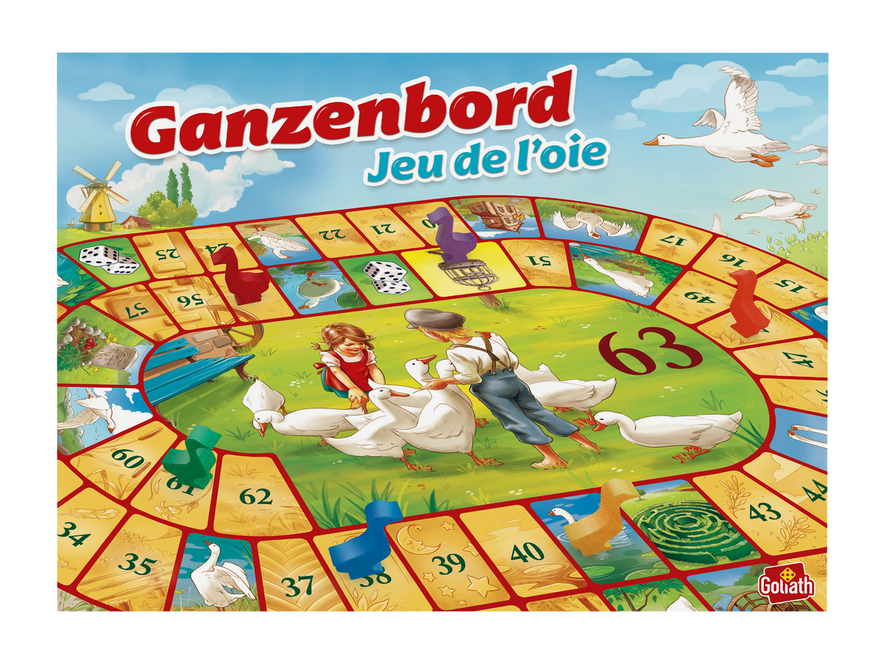 Bordspel met ganzen, kinderen en een molen, getiteld 'Ganzenbord, Jeu de l'oie'.