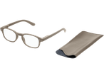Taupe reading glasses with a matching soft case.