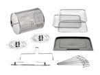 Various air fryer accessories including a rotisserie basket, mesh baskets, and skewers.