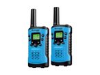 To blå og sorte walkie-talkies med skærme og knapper.