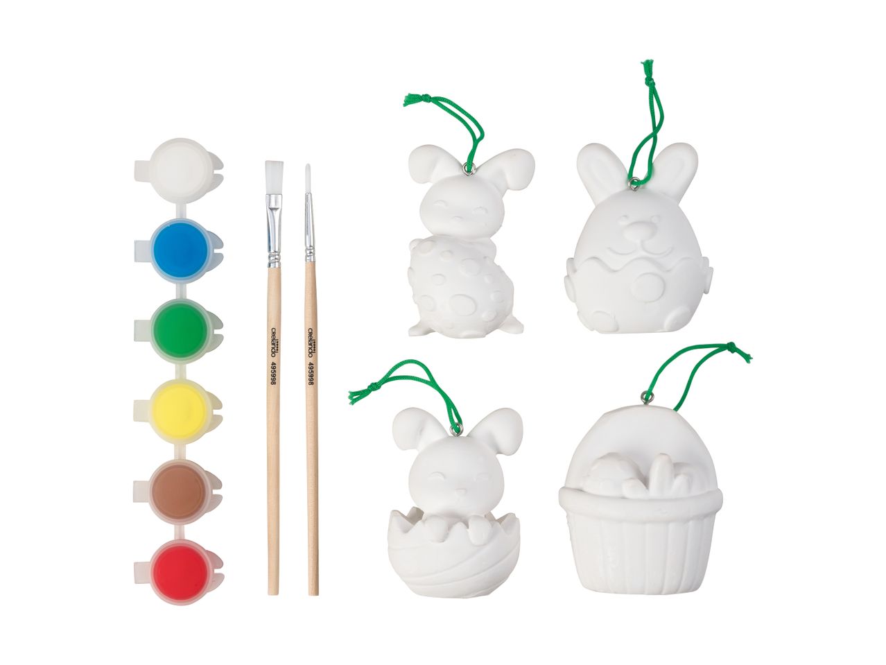 Easter craft set with paint pots, brushes, and four ceramic bunny and egg ornaments.