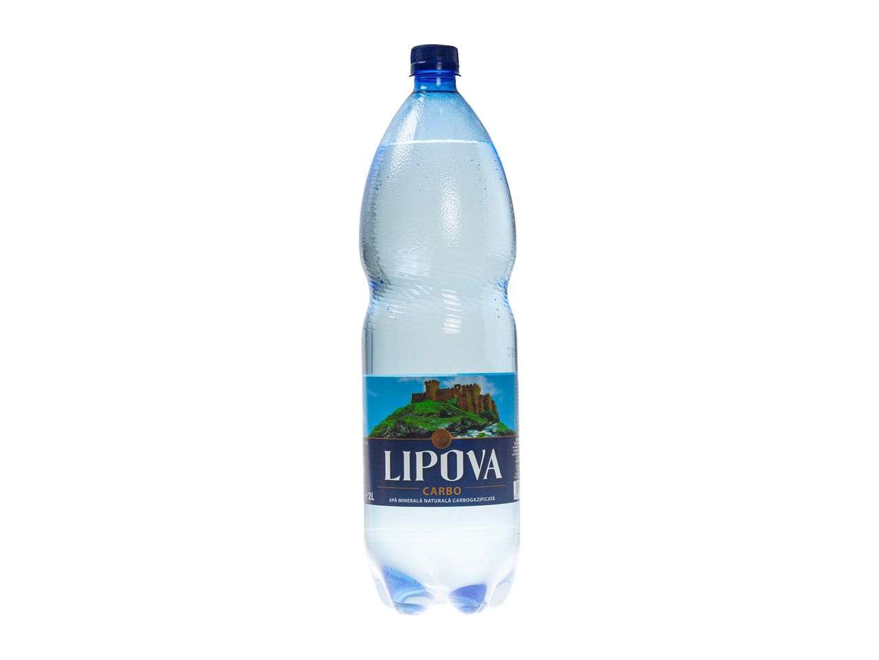 O sticlă de apă minerală carbogazificată Lipova de 2 litri.