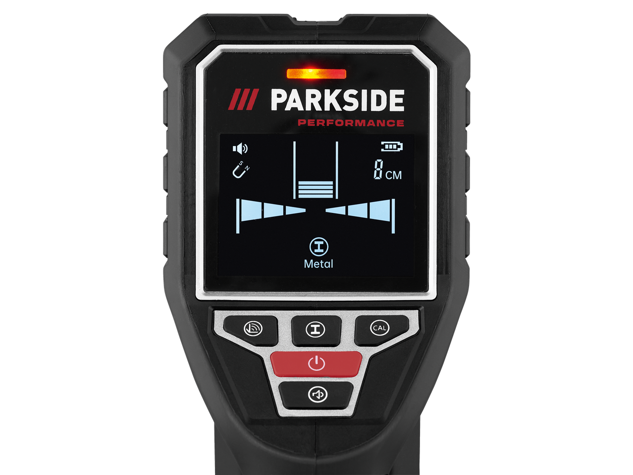 Dispositivo de localização PARKSIDE PERFORMANCE com display digital mostrando detecção de metal a 8 cm.