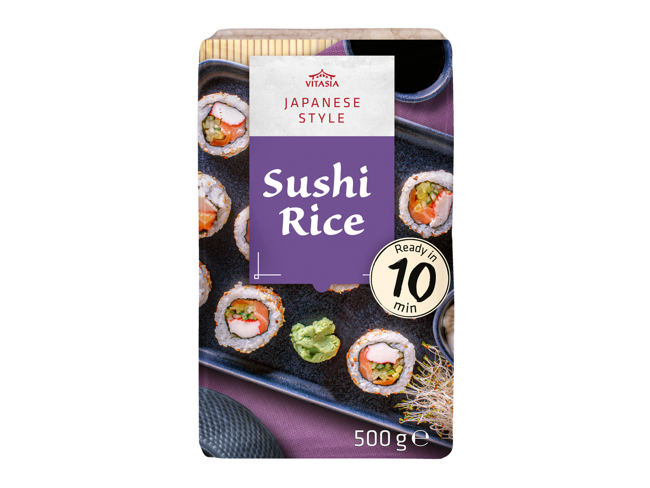 Vitasia Japanese Style Sushi Rice packaging with sushi rolls, wasabi, and soy sauce.