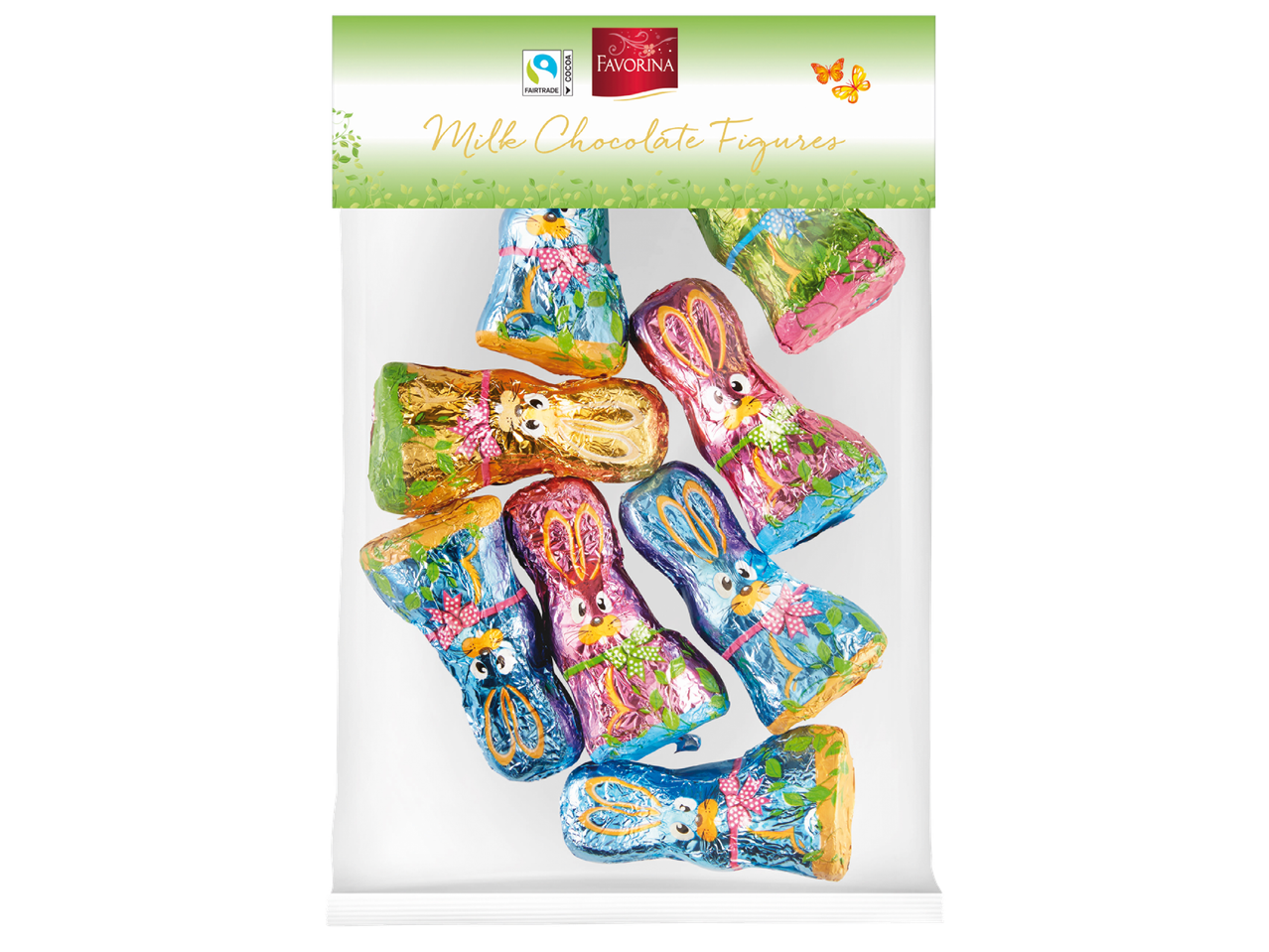 Пакет с великденски шоколадови фигурки от млечен шоколад, увити в цветно фолио.