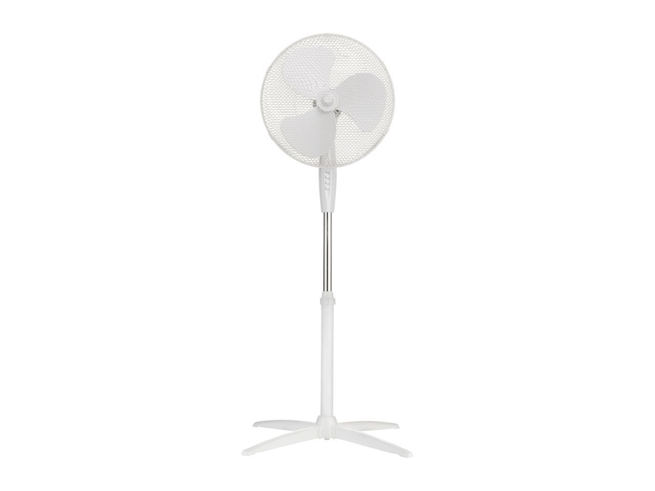 A white pedestal fan with a clear blade.