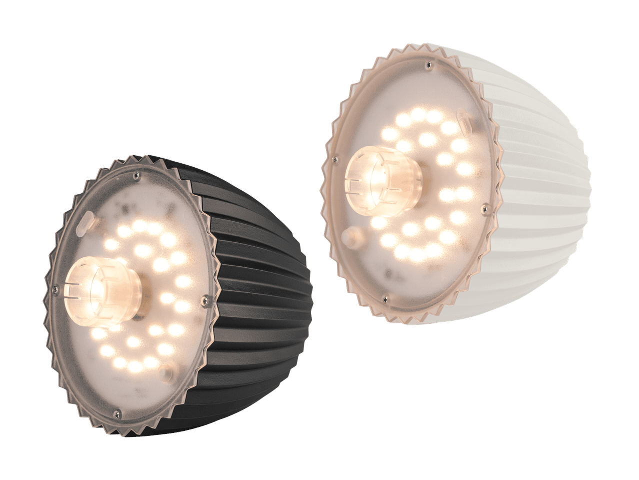 Deux luminaires LED ronds, un noir et un blanc, avec des LED visibles et des couvercles transparents.