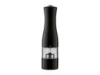 Electric salt or pepper mill with a sleek black body and clear window