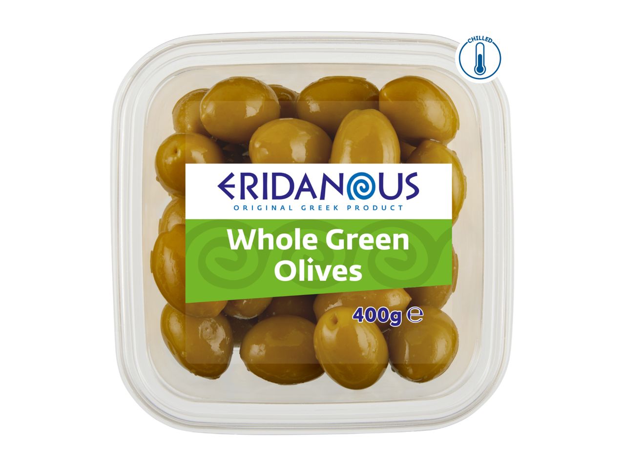 A clear plastic container of whole green olives with a green and white label.