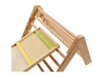 Wooden climbing frame with a slide, featuring natural wood and colorful accents.