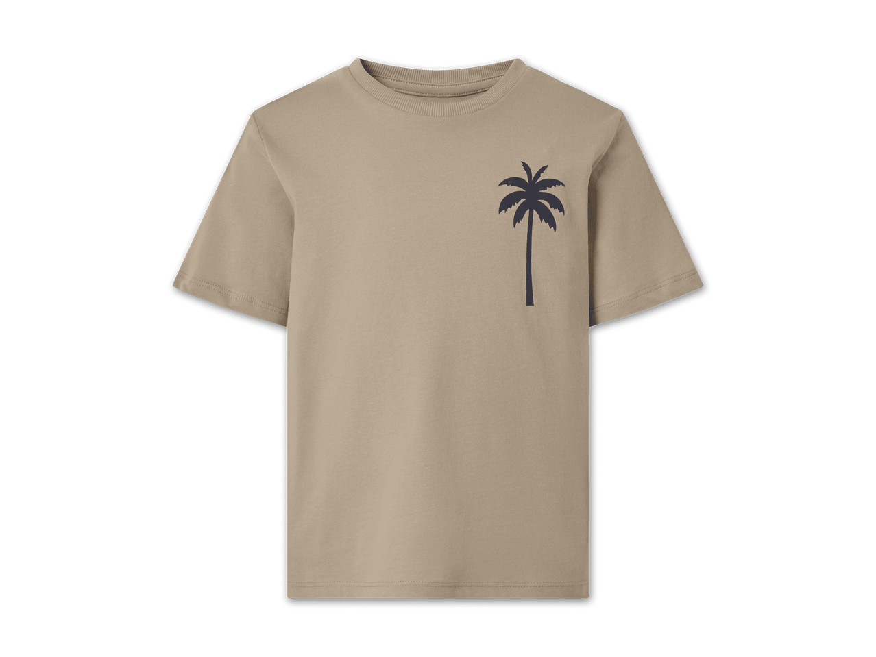 Beigefarbenes T-Shirt mit Palmen-Print.