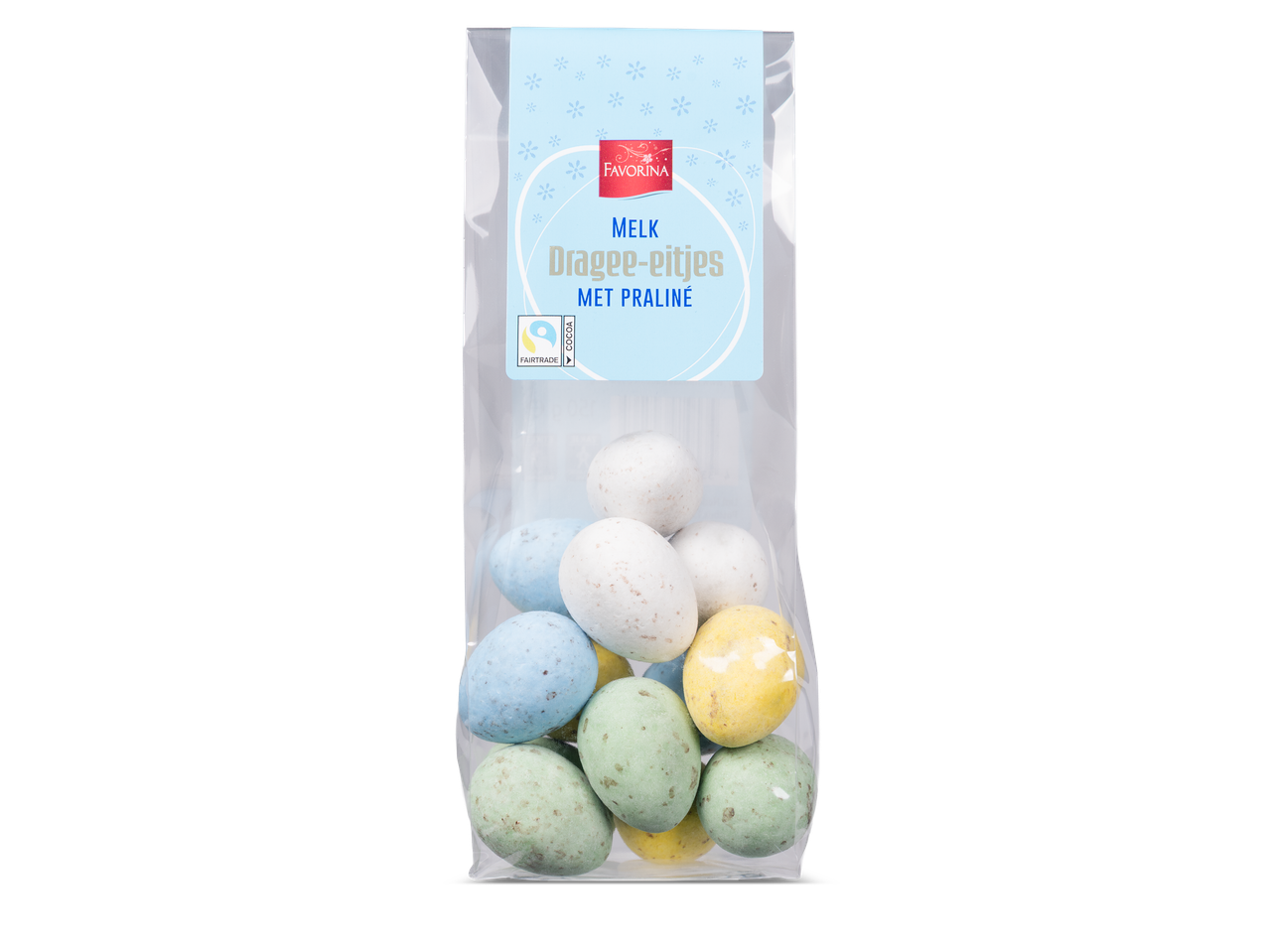 Een zakje melkdragee-eitjes met praliné in verschillende pastelkleuren, met Fairtrade Cocoa logo.