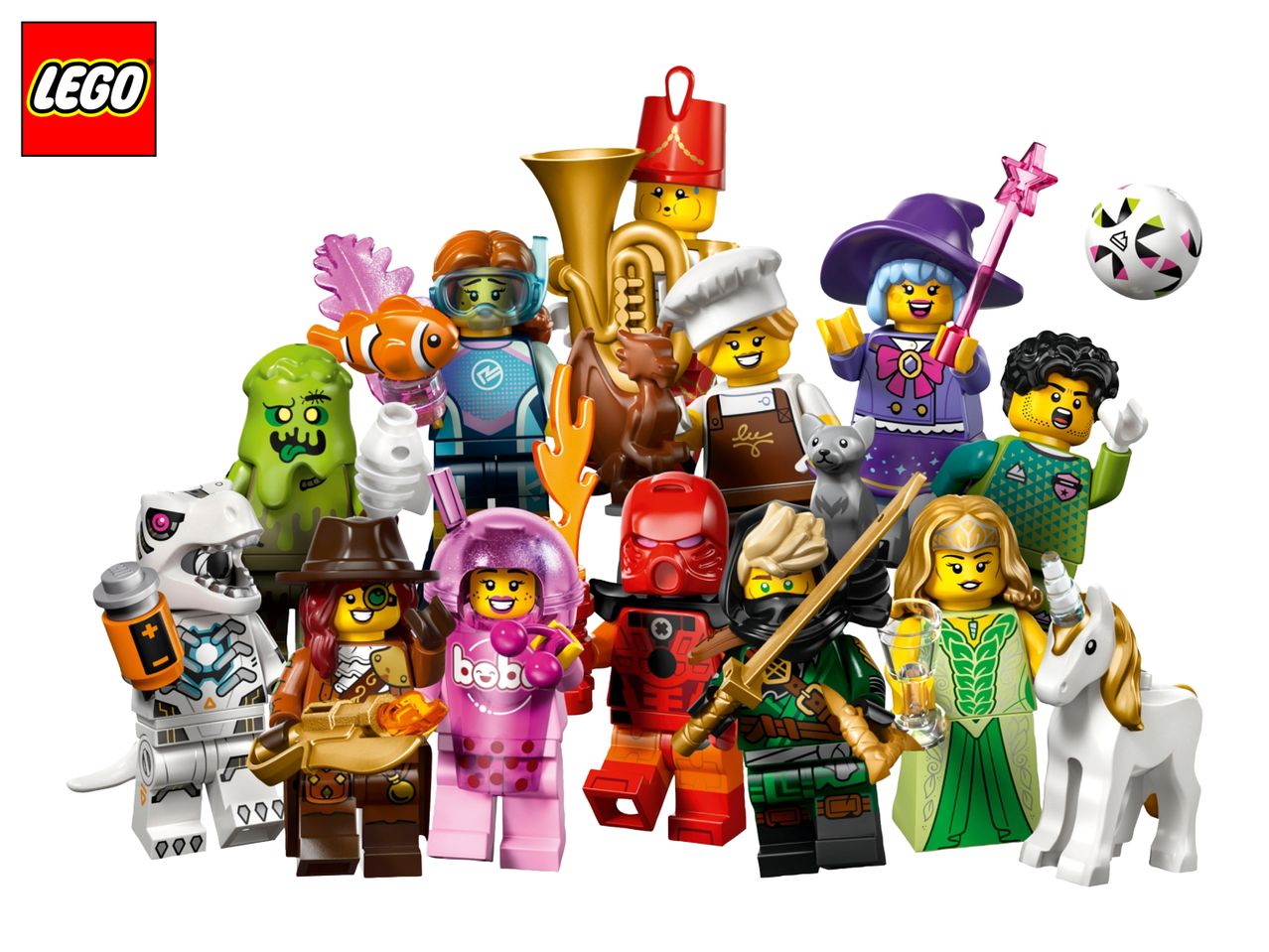 A collection of diverse minifigures including a dinosaur, diver, chef, wizard, and more.