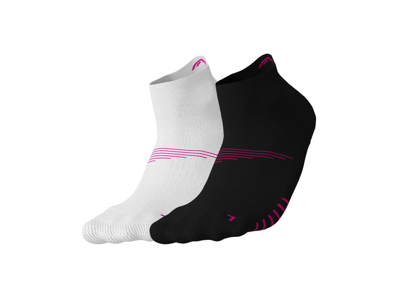A pair of white and black athletic socks with pink accents.