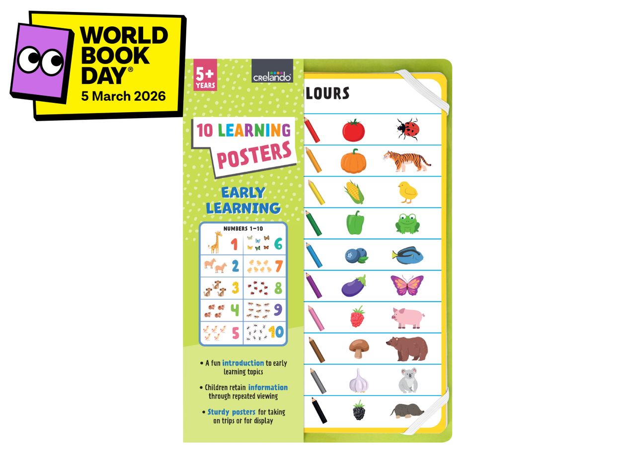 Early learning posters with numbers, colors, and World Book Day branding.