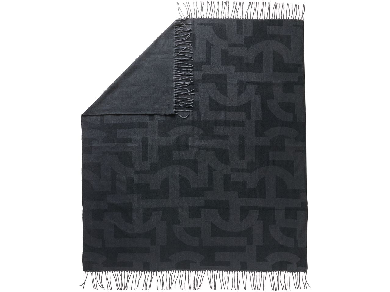 Dark grey blanket with a subtle geometric pattern and fringed edges.