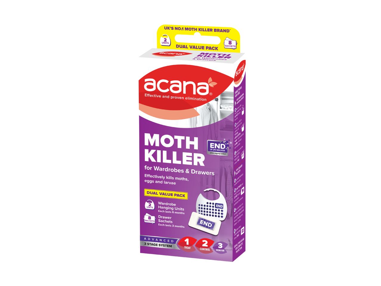 Moth killer dual value pack with 2 wardrobe hanging units and 8 drawer sachets.