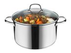 Stainless steel stock pot with glass lid, filled with stew.