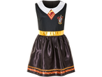 Black Gryffindor dress with a white collar, gold belt, and striped hem.