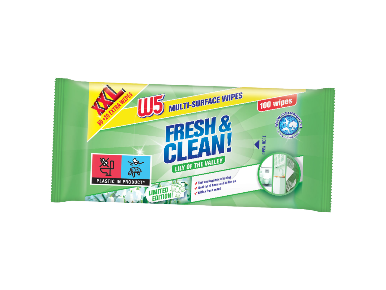 Pakovanje vlažnih maramica za više površina sa 100 maramica, mirisom đurđevka i natpisom „Fresh & Clean!“.