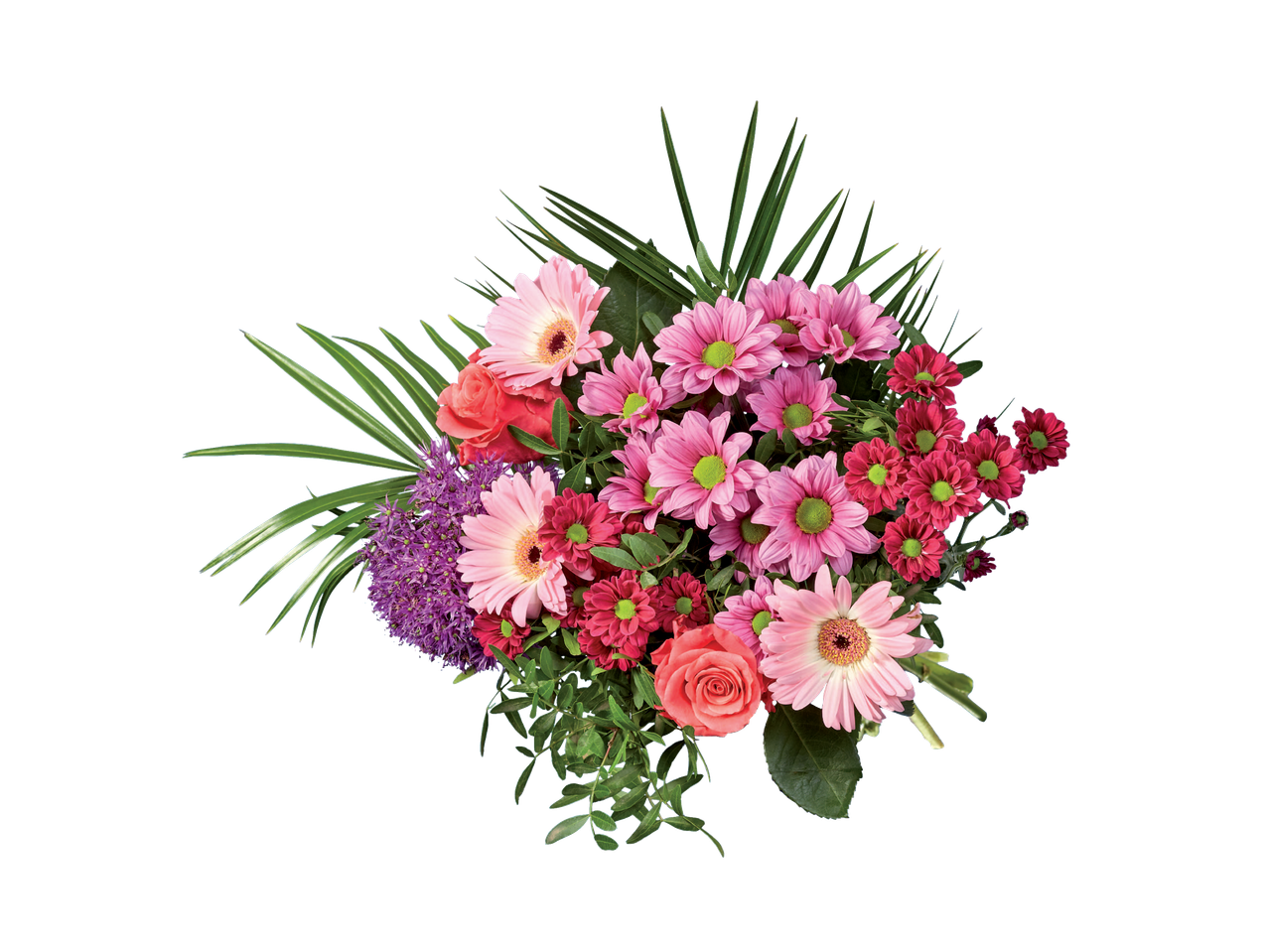 Buchet de flori cu gerbere, crizanteme și trandafiri în nuanțe de roz și roșu.