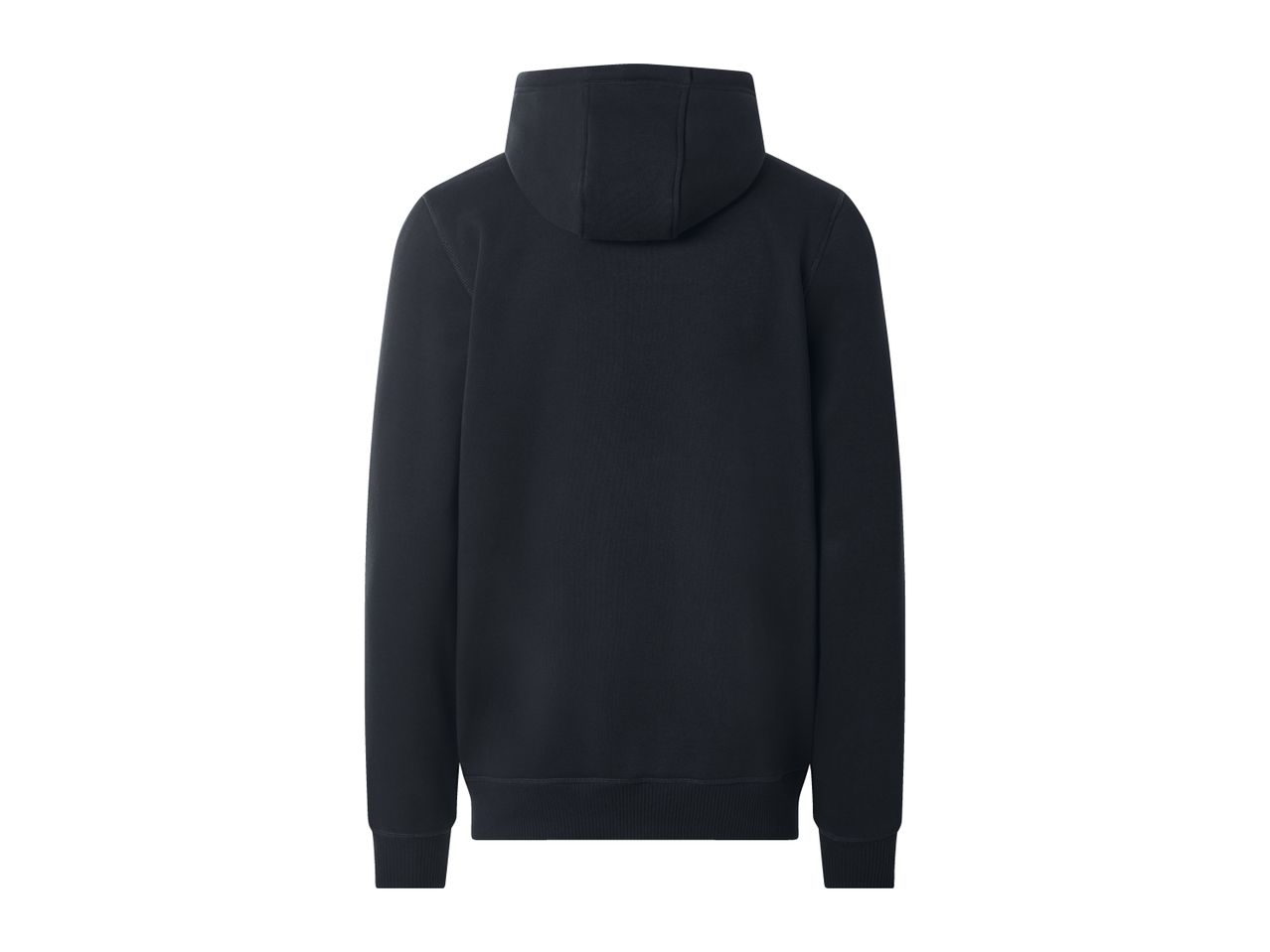 Back view of a men's black hoodie with ribbed cuffs and hem.
