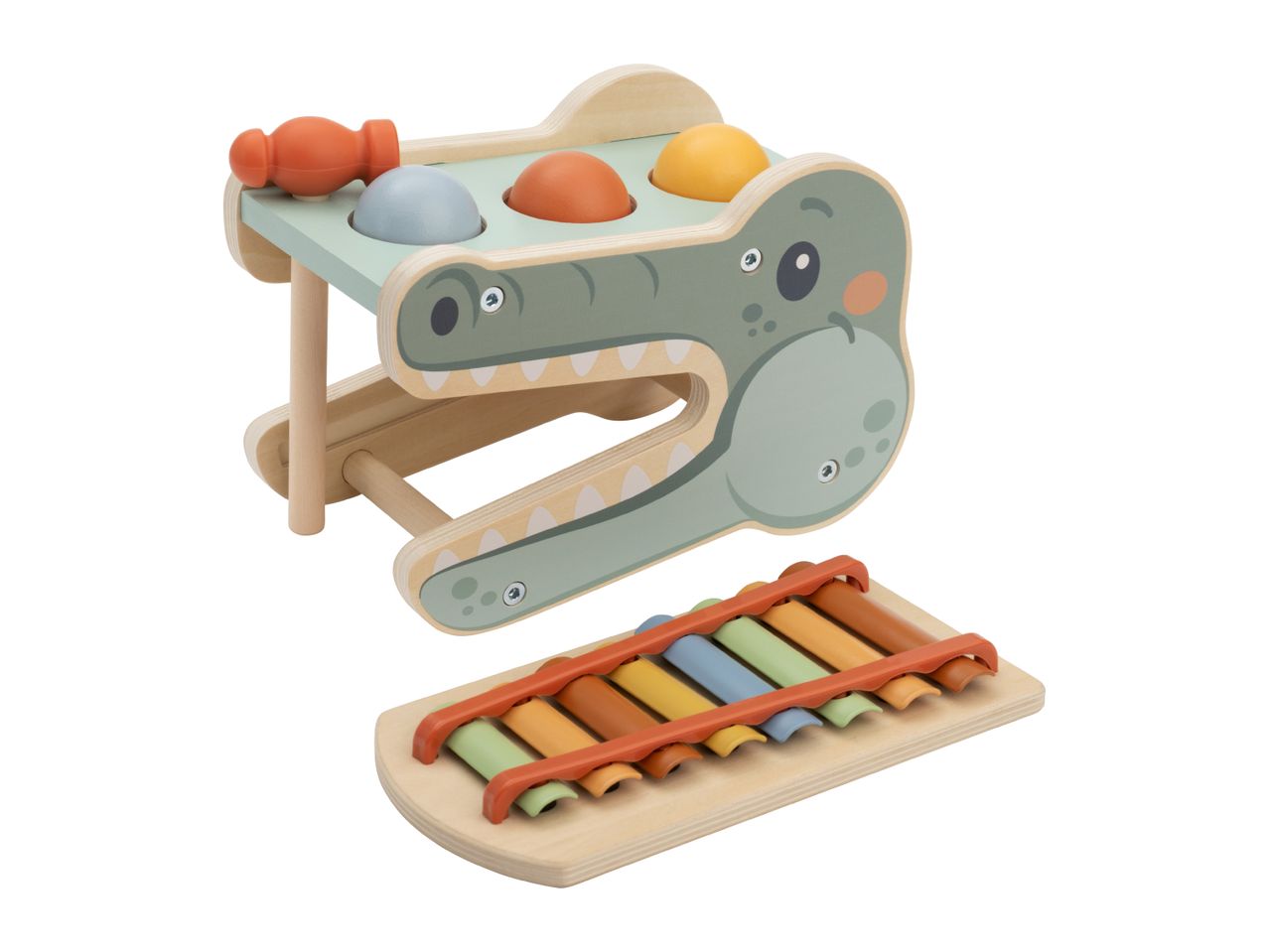 Wooden crocodile-themed hammer bench with colorful balls and a separate xylophone.