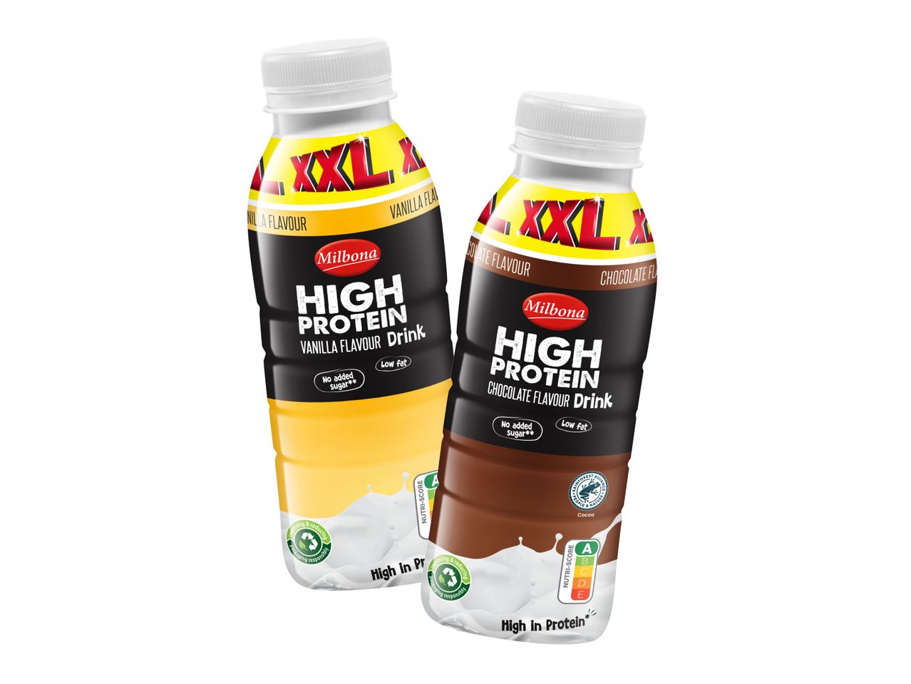 Dve steklenički Milbone visokoproteinskega napitka, vanilija in čokolada.