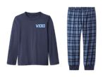 Dunkelblaues Pyjama-Set mit langärmeligem Oberteil mit „WKND“-Aufschrift und karierter Hose.