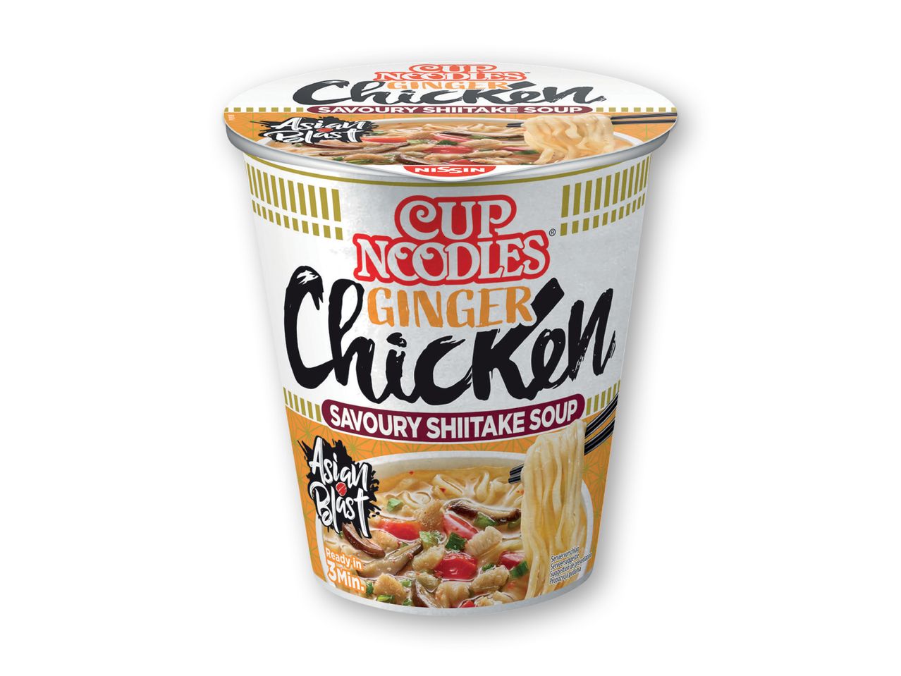 Nissin Cup Noodles Ginger Chicken med smag af shiitake-svampe.