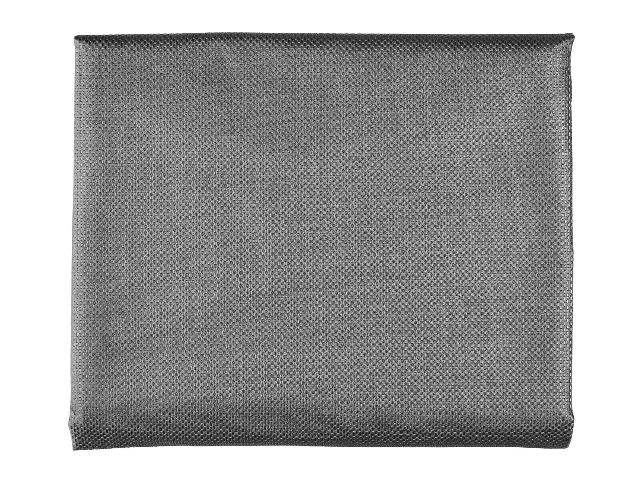 A dark gray pocket square with a textured, woven pattern.