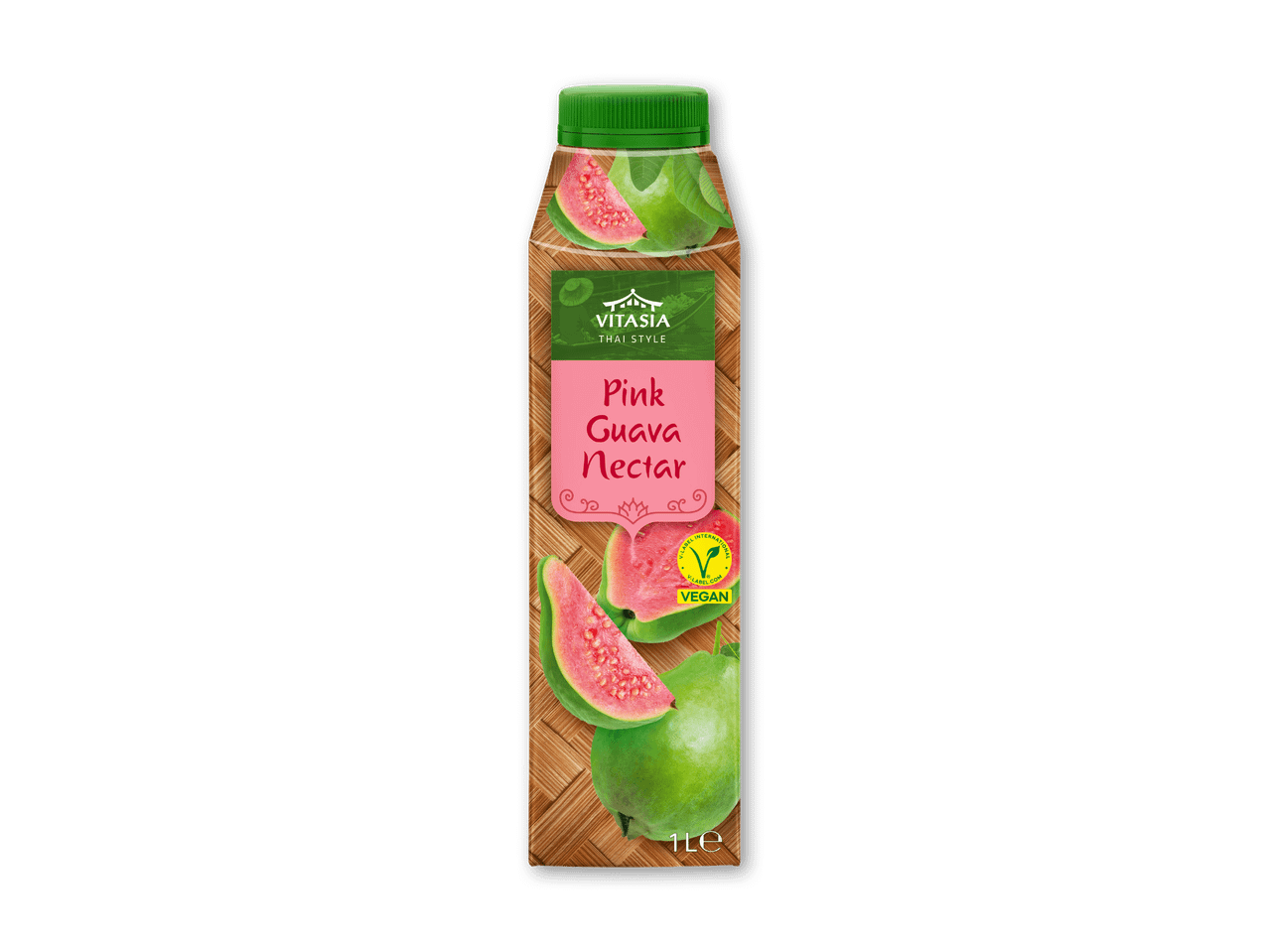 Flaske med lyserød guava nektar i thailandsk stil, med guavafrugter og 'Vegan'-mærke.