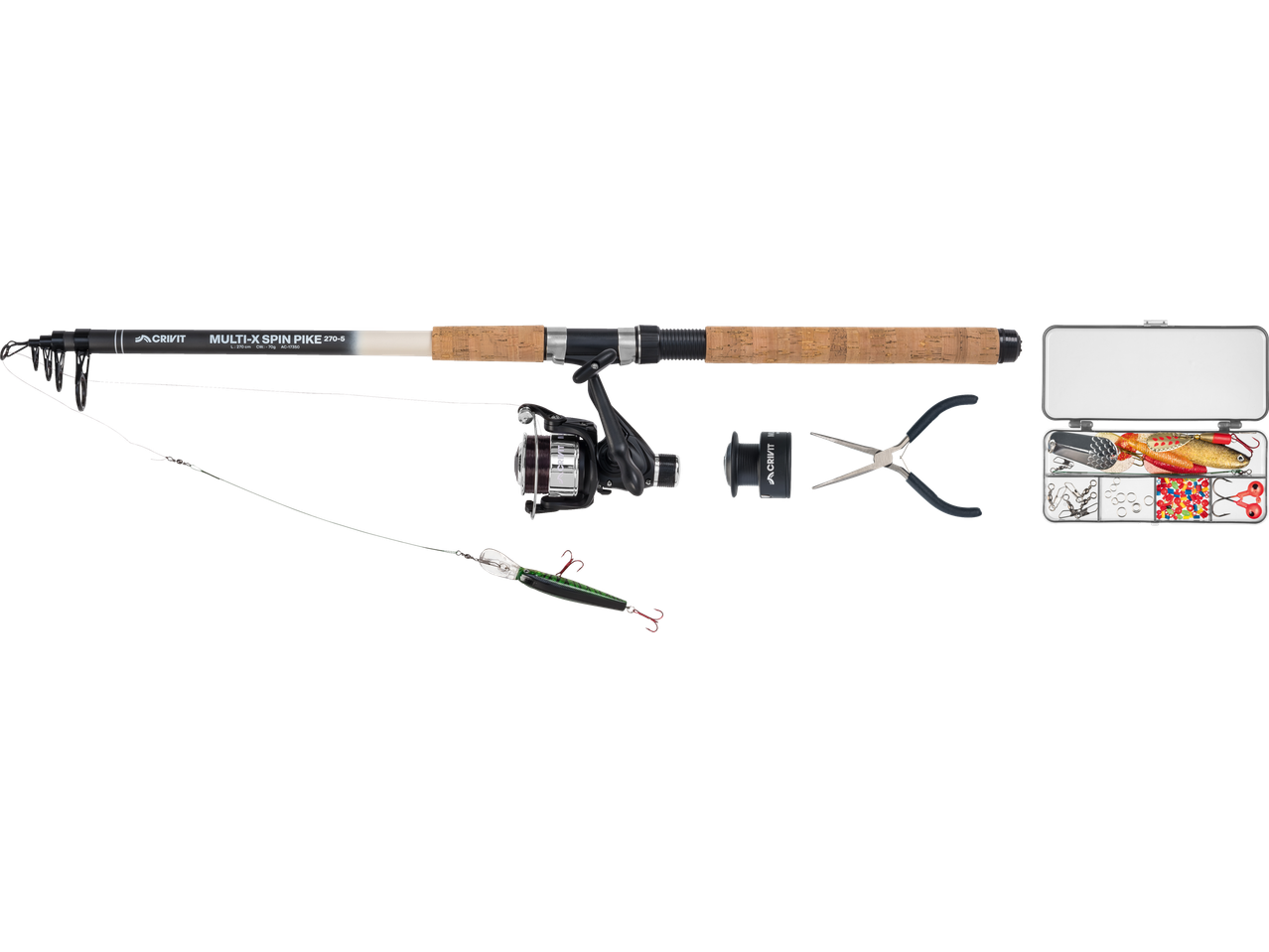 Σετ ψαρέματος CRIVIT Multi-X Spin Pike με καλάμι, μηχανισμό, δολώματα και αξεσουάρ.