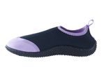 Black and purple water shoe with a textured sole, side view.