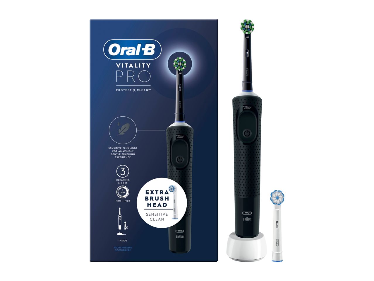 Oral-B Vitality Pro electric toothbrush with extra brush head and charging base.