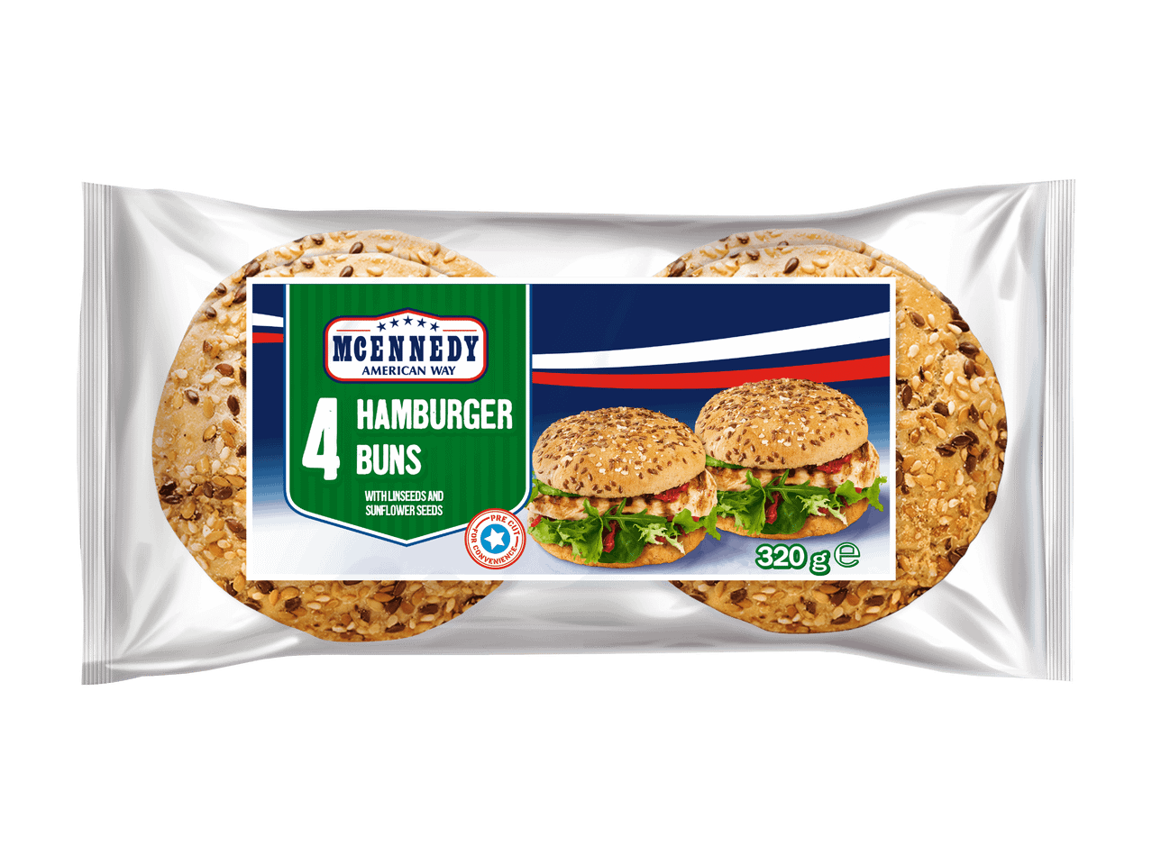 Vier Hamburgerbrötchen mit Leinsamen und Sonnenblumenkernen in einer Packung, 320g.