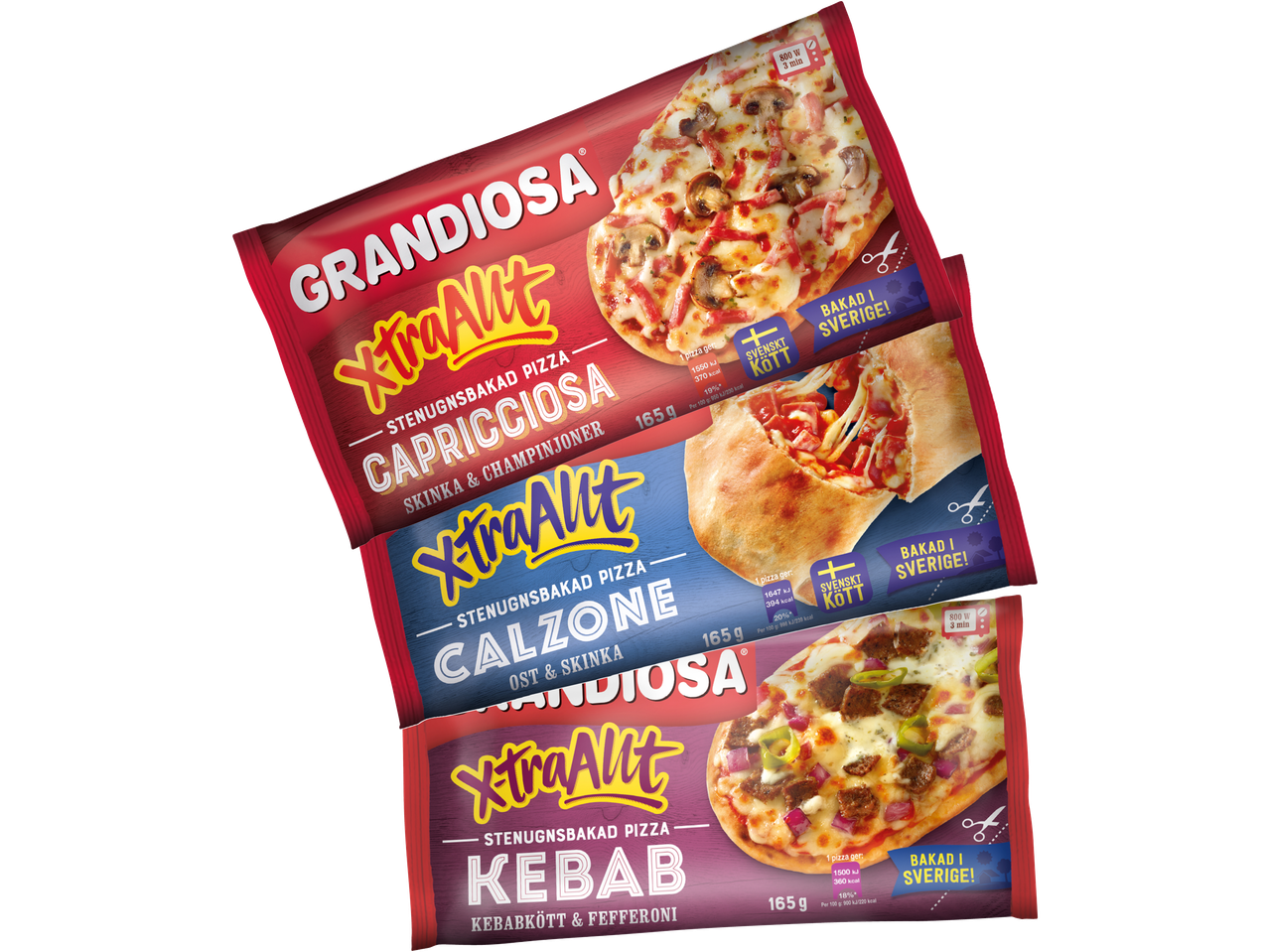 Tre förpackningar med Grandiosa Xtra Allt pizzor: Capricciosa, Calzone och Kebab.