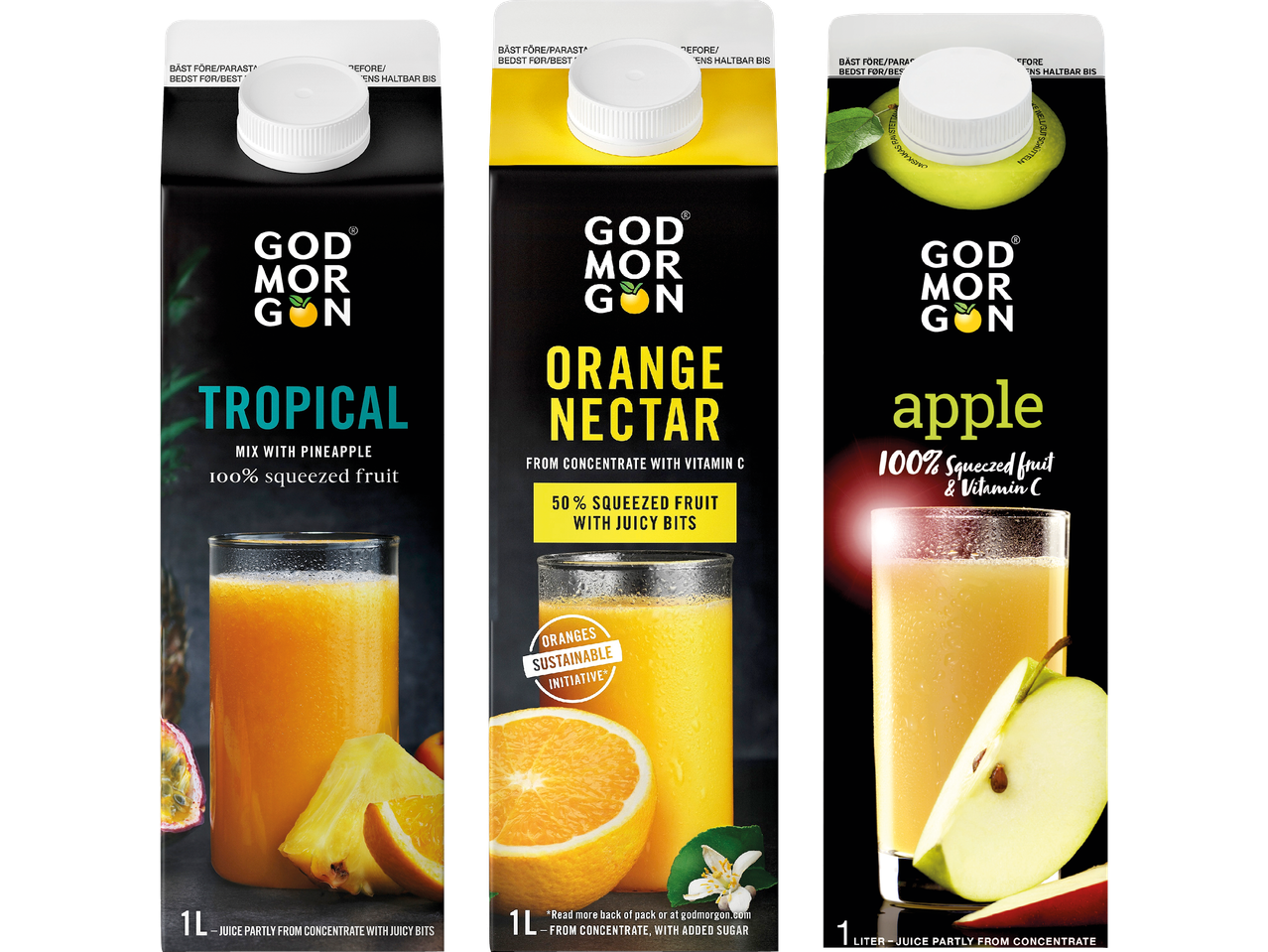 God Morgon juicepaket med tropisk, apelsin och äpplejuice.