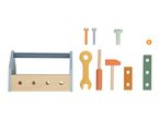 Wooden toy toolbox with various tools and fasteners, including a wrench, hammer, and screws.