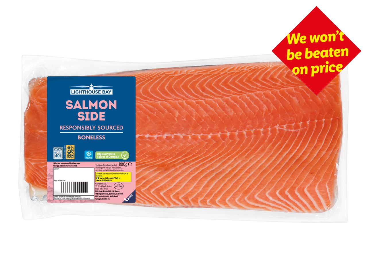 Packaged salmon side with a label indicating it's responsibly sourced, boneless, 800g, and high in protein.