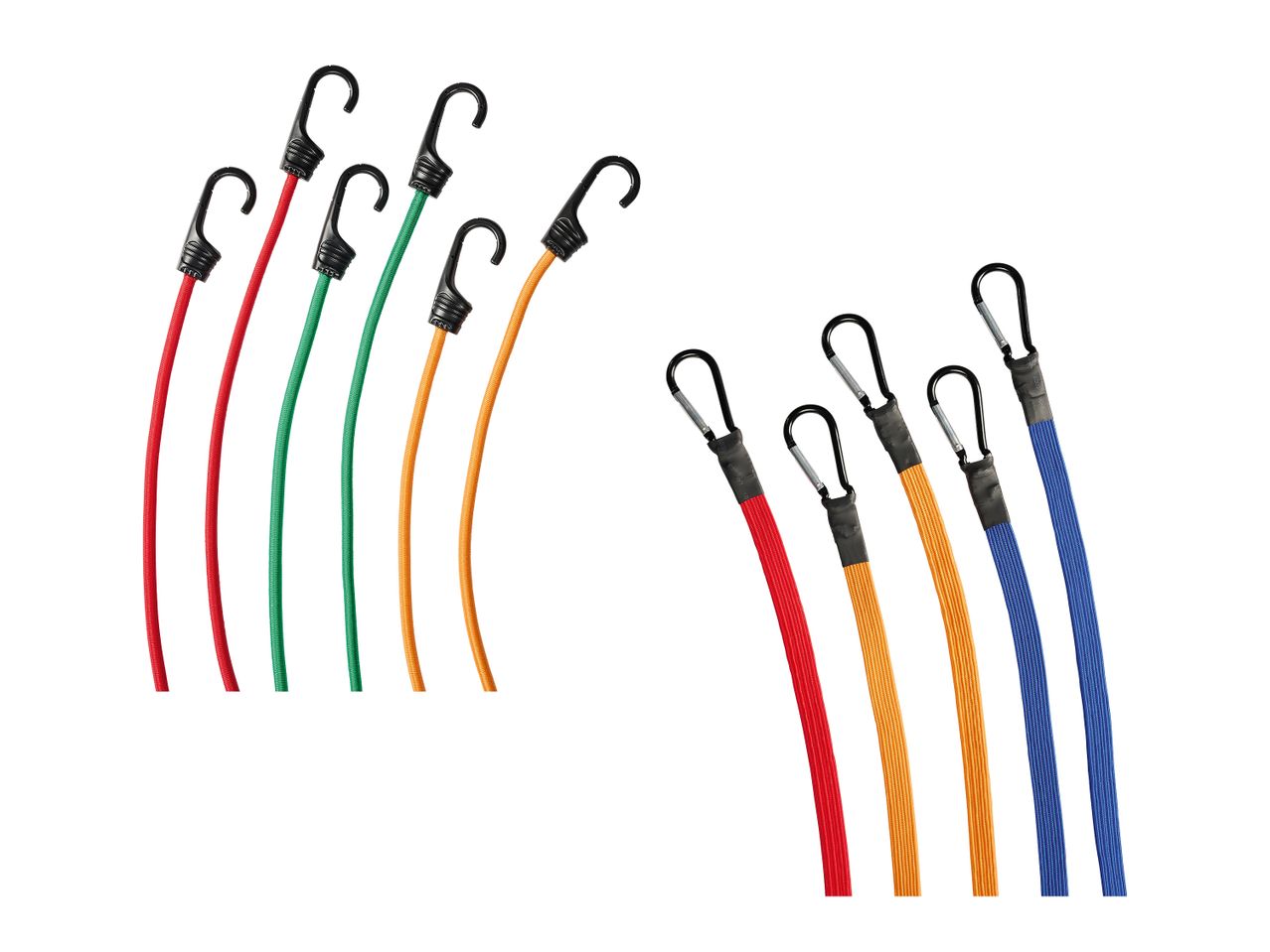 Bungee-Seile in verschiedenen Farben mit Haken und Karabinerhaken.