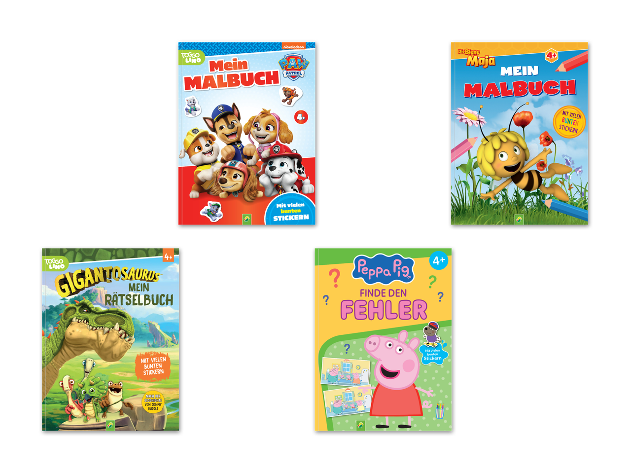 Vier Malbücher für Kinder mit Paw Patrol, Käfer, Dinosauriern und Peppa Wutz.