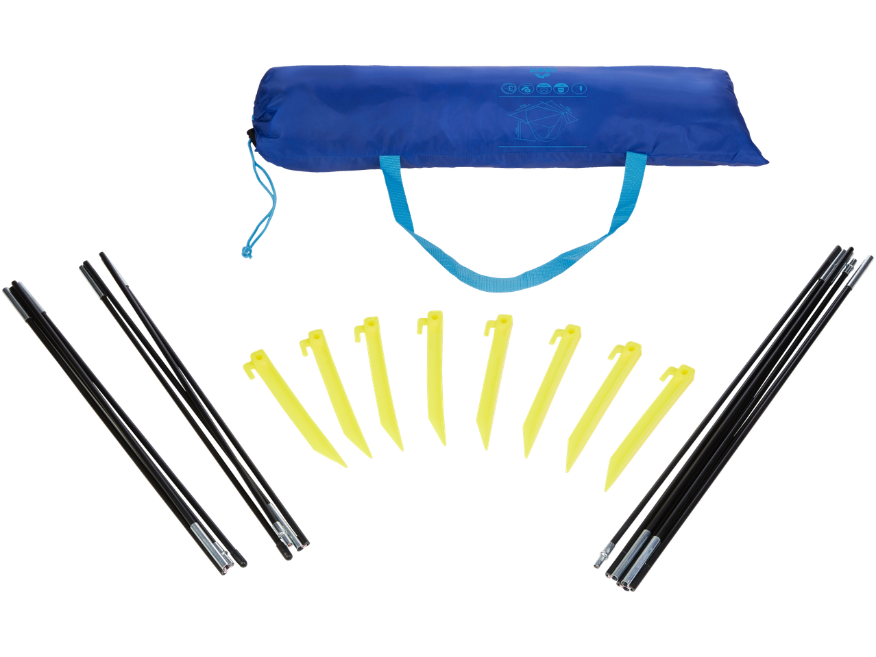 Blue tent bag with poles and yellow pegs for camping.