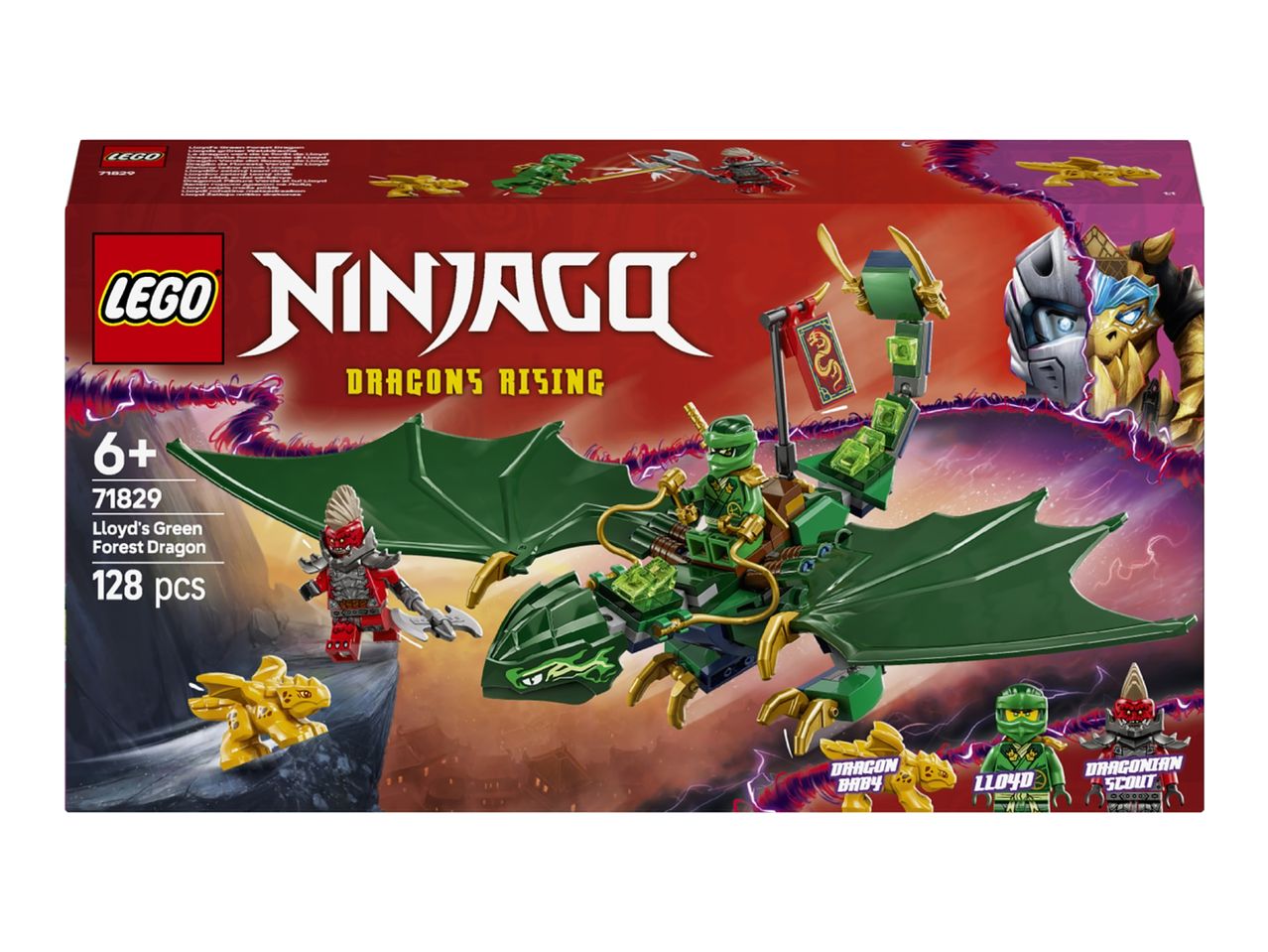 Ninjago Dragons Rising building set featuring Lloyd's Green Forest Dragon, a Dragon Baby, and minifigures.