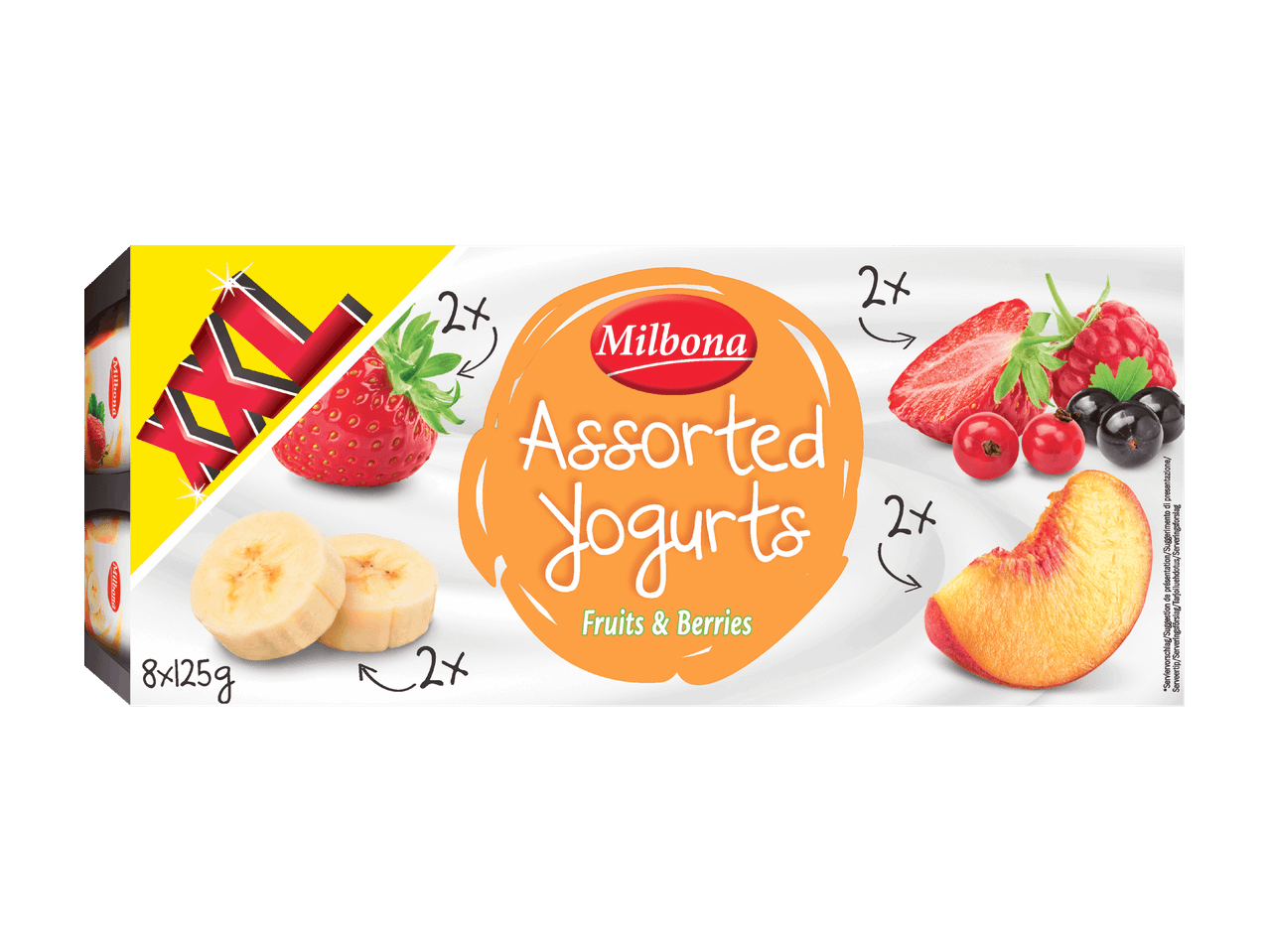 Packung mit verschiedenen Frucht- und Beerenjoghurts, 8x125g.
