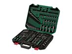 A green and black tool kit with various wrenches, sockets, and screwdriver bits.