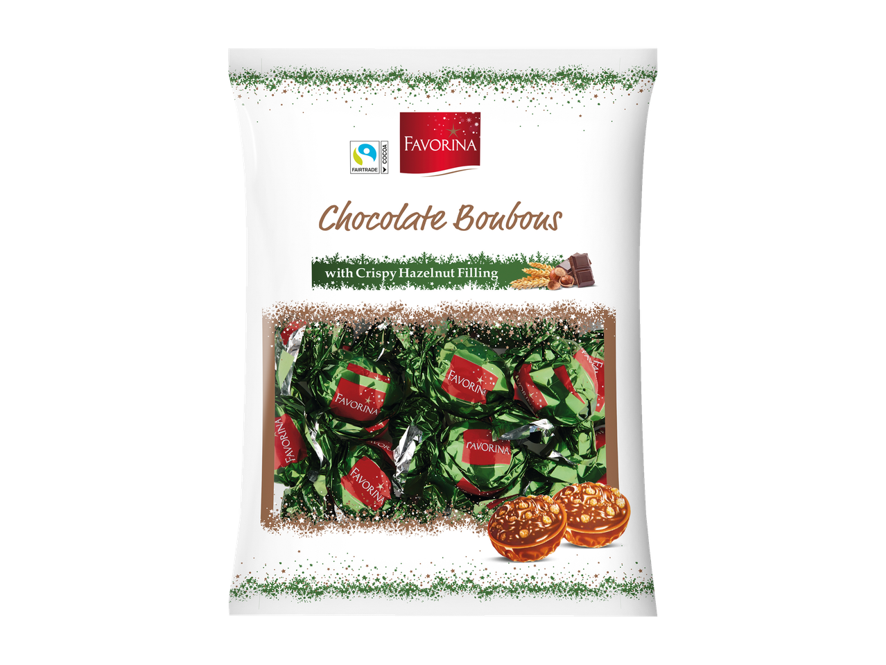 Confetti Favorina al cioccolato con ripieno croccante di nocciole.